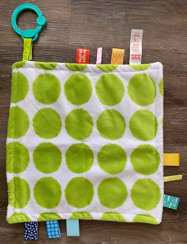 BRIGHT STARTS Green, White, & Gray Security Blanket~Sensory Tags~Plush~Stroller~