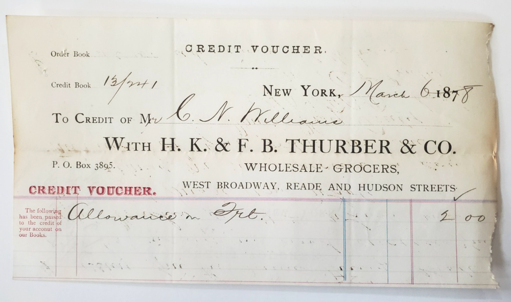 1878 Credit Voucher, H.K & F.B. Thurber & Co, Wholesale Grocers, New York City-image