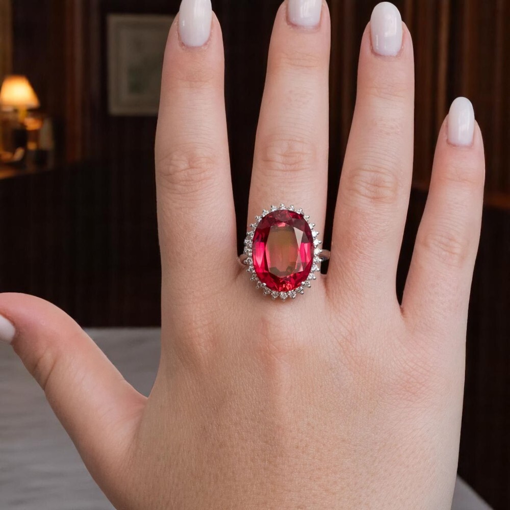 18K Gold Natural Diamond Oval Cut 21.00 Ct Lab Grown Red Sapphire Wedding Ring