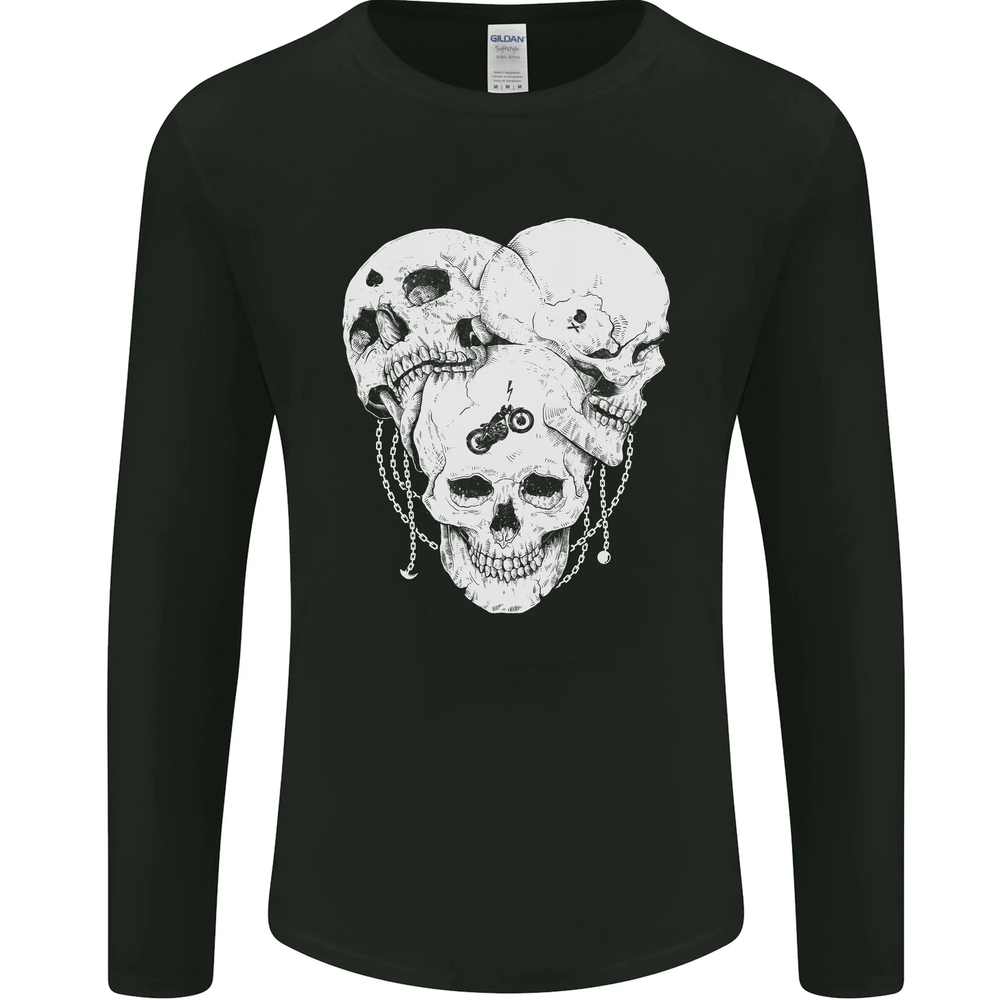 3 Skulls Gothic Heavy Metal Biker Demon Mens Long Sleeve T-Shirt