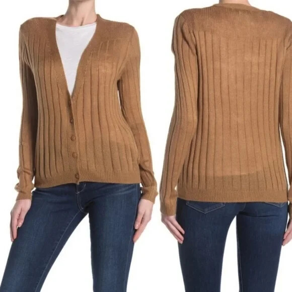 COTTON EMPORIUM Ribbed Button Front Cardigan In Arena Brown V Neck Sz M