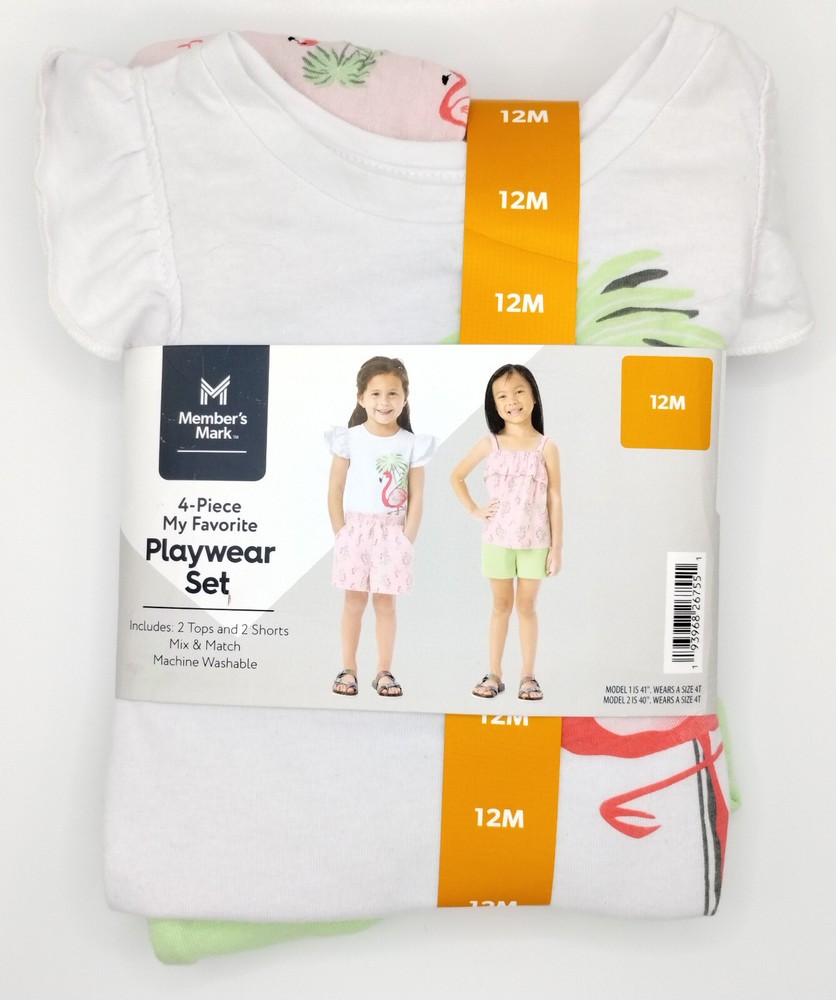 Members Mark 4-Piece Flamingo Playwear Set Size 12M Pink White Green-image