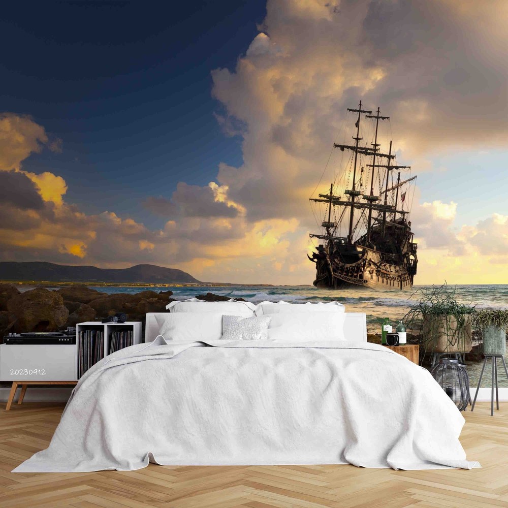 3D Sky Ocean Ship Landscape Wall Murals Wallpaper Murals Wall Sticker