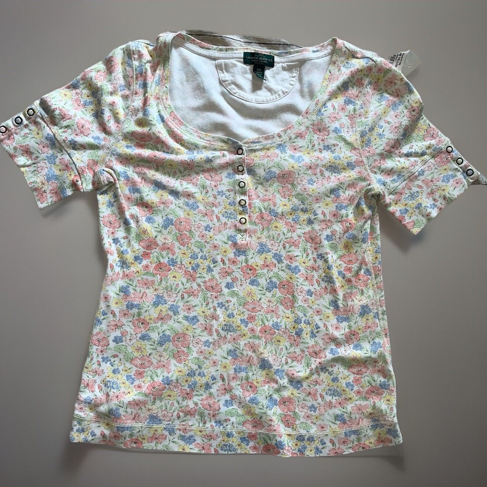 Lauren Ralph Lauren Pastel Floral Henley Tee Petite Medium F1