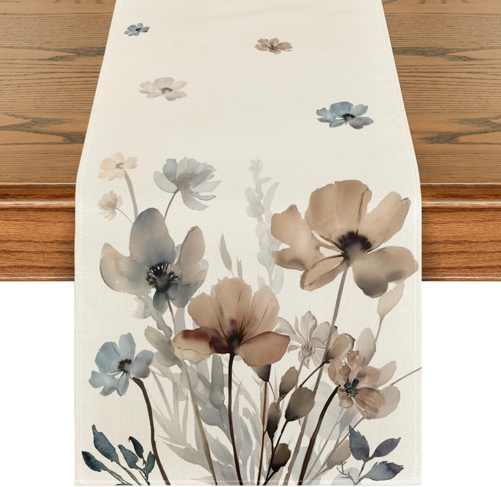 Brown Poppy Floral Table Runner for Spring and Summer Kitchen Dining Decor