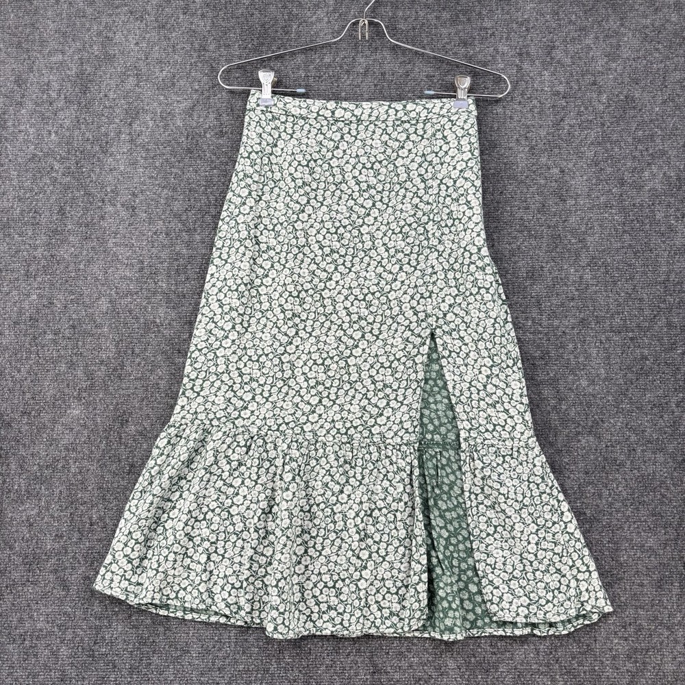 Abercrombie & Fitch Green Micro Floral Midi Skirt Ruffle Hem Side Slit Womens XS