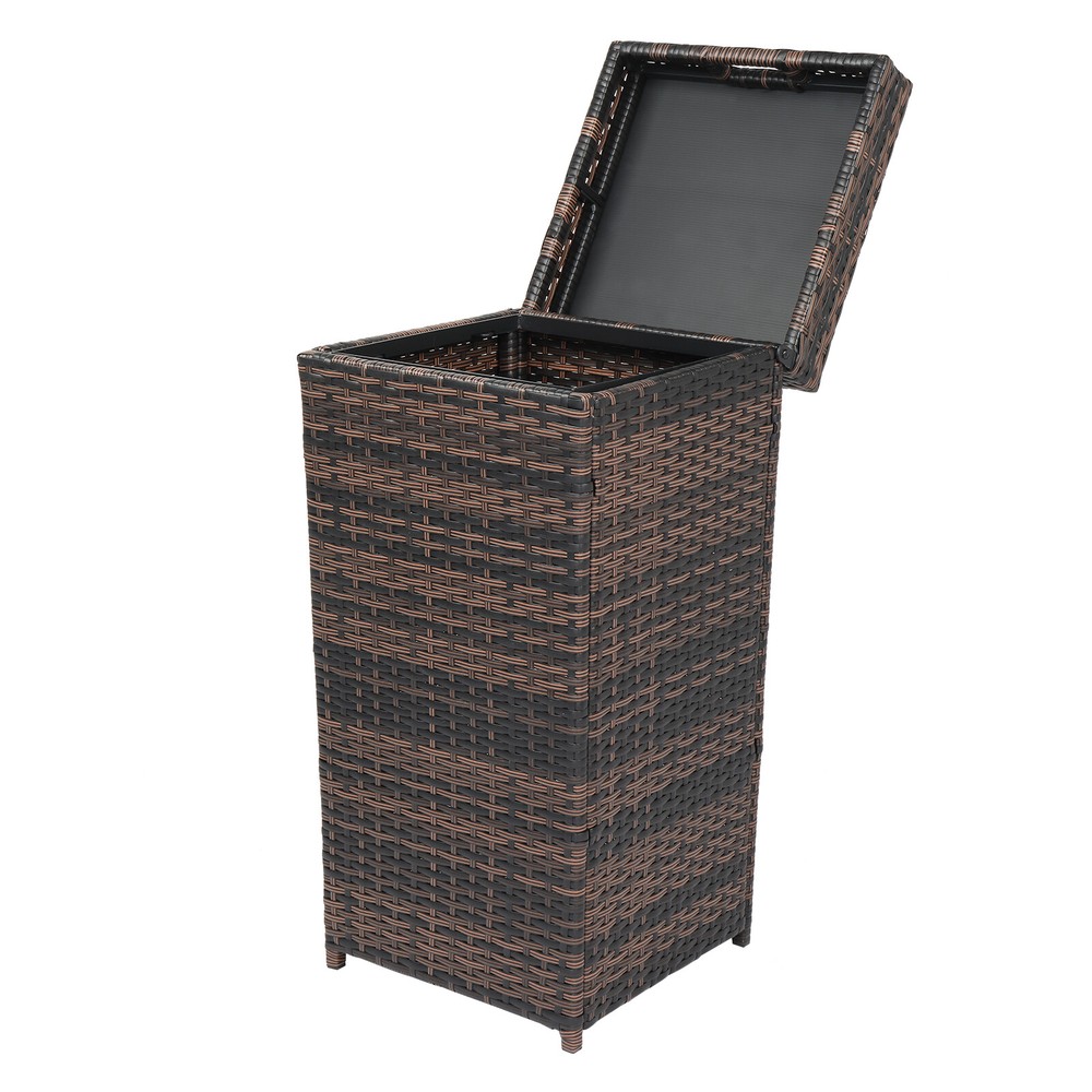 Brown Gradient Rattan Trash Can with Top Cover Iron Frame Outdoor Indoor Use