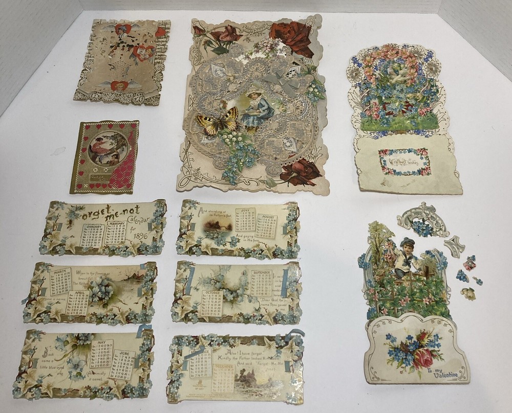 Lot Of Victorian Valentine Day Die Cut 3D Cards And Forget Me Not 1896 Calendar