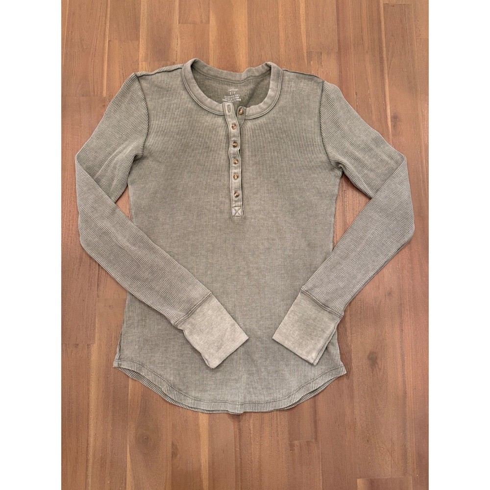 Aerie Womens Long Sleeve Waffle Knit Henley Top Sage Green Small RN 54485