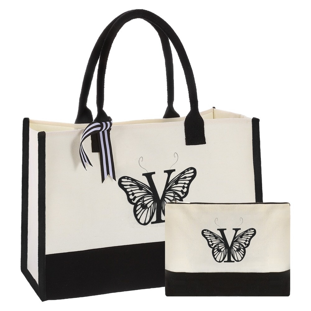 Initial Y Canvas Tote Bag with Makeup Bag, Reusable Beach Tote Bag