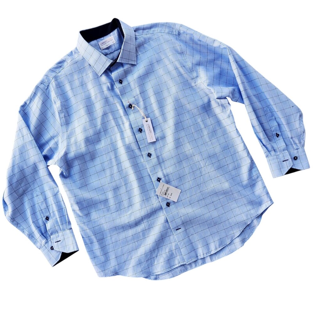 Lorenzo Uomo Men's Light Blue Check Print Cotton Trim Fit Dress Shirt Size 34/35