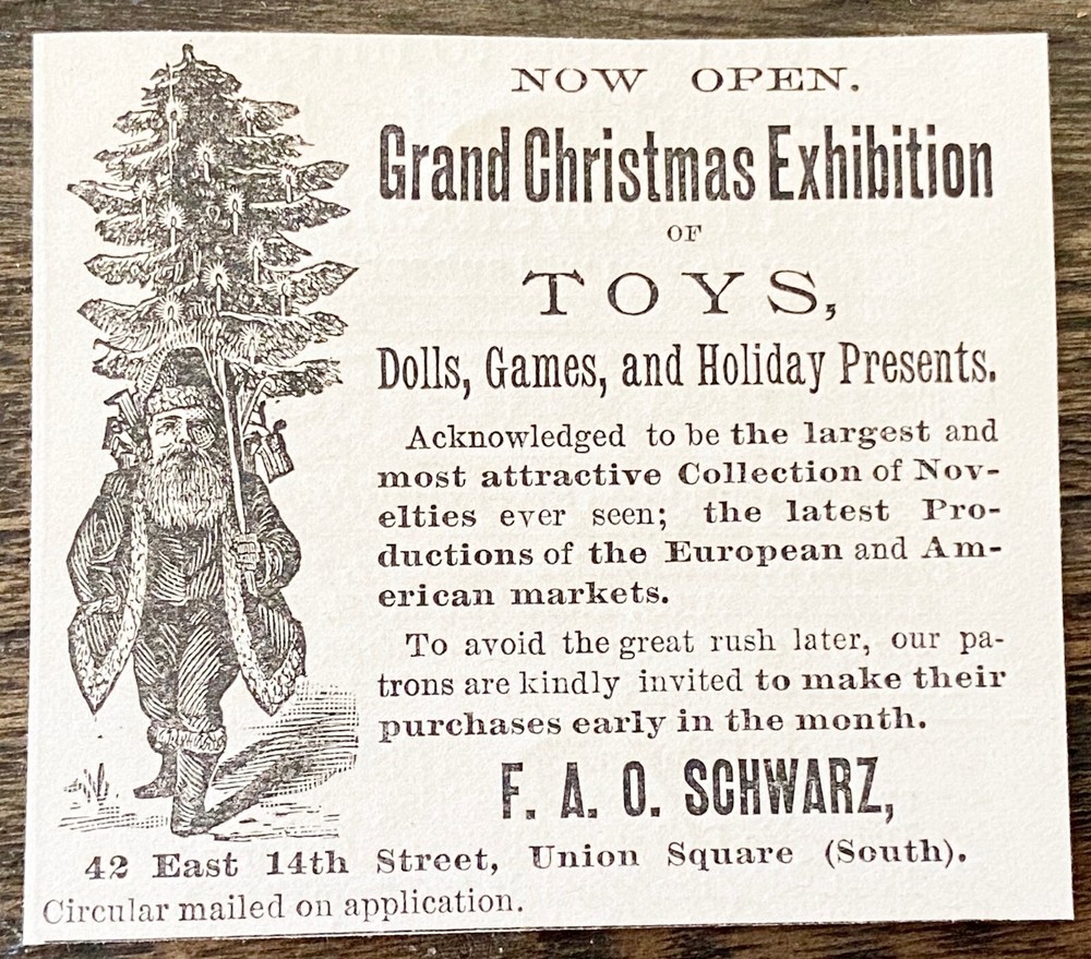 Antique 1887 F.A.O.SCHWARZ NYC Toy Store Vtg Xmas Print Ad~Victorian Santa&Tree!