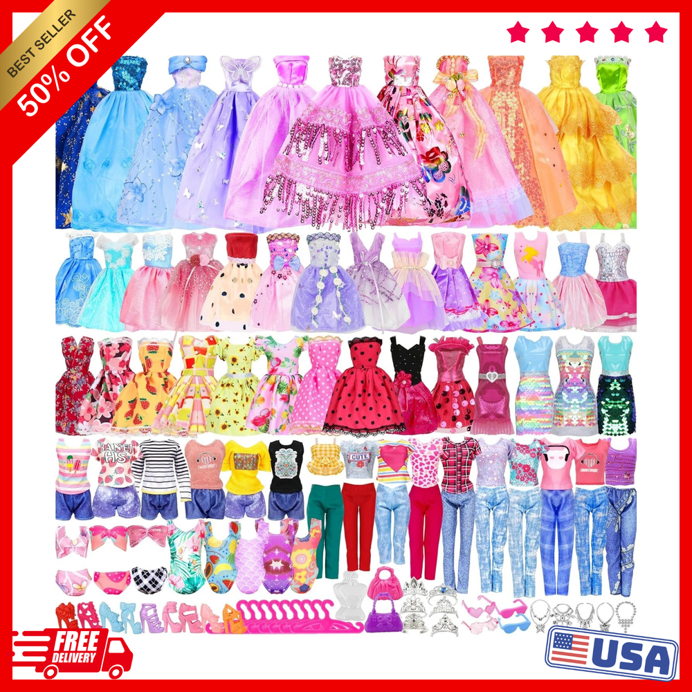 130 PCS Barbi Clothes Doll Fashion Wear Clothing Outfits Dress up Gown Shoes Lot