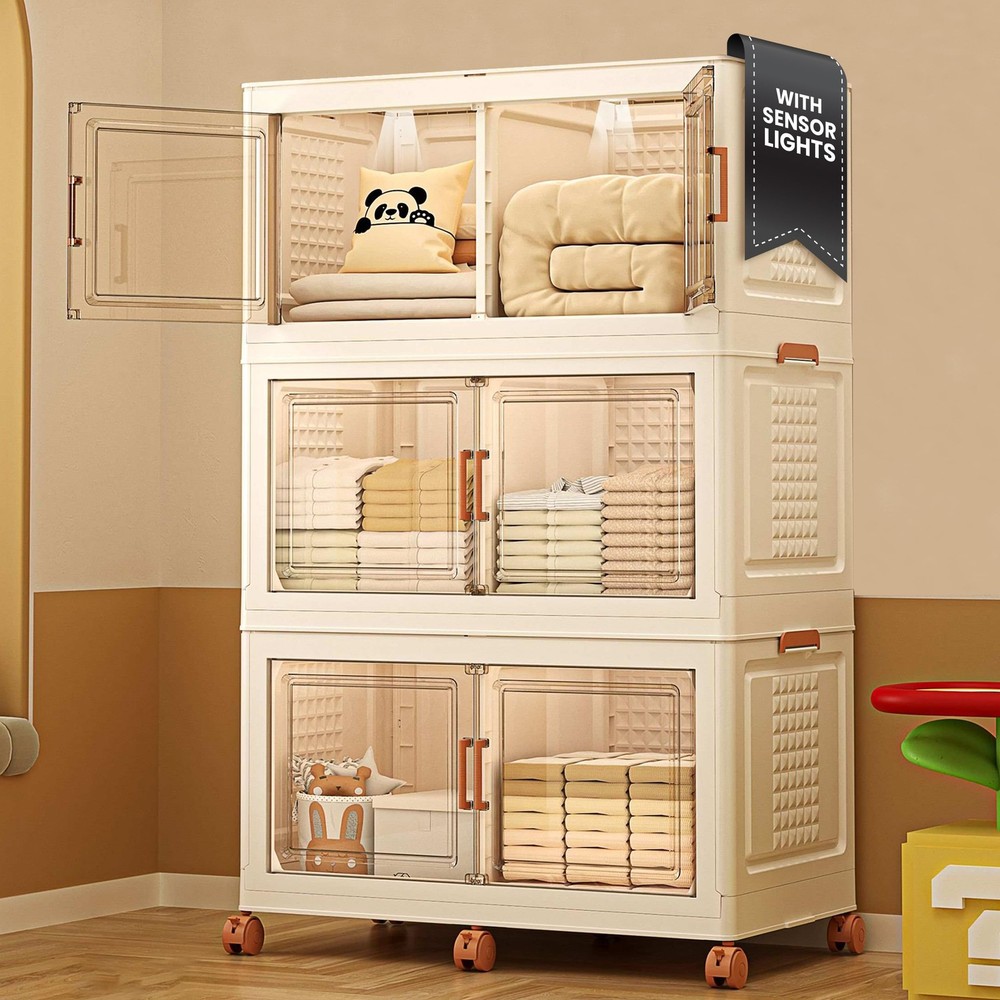 3-Layer Stackable Storage Bins with Lids & Doors – 141 Gallon Capacity, Sensor Light, 568QT