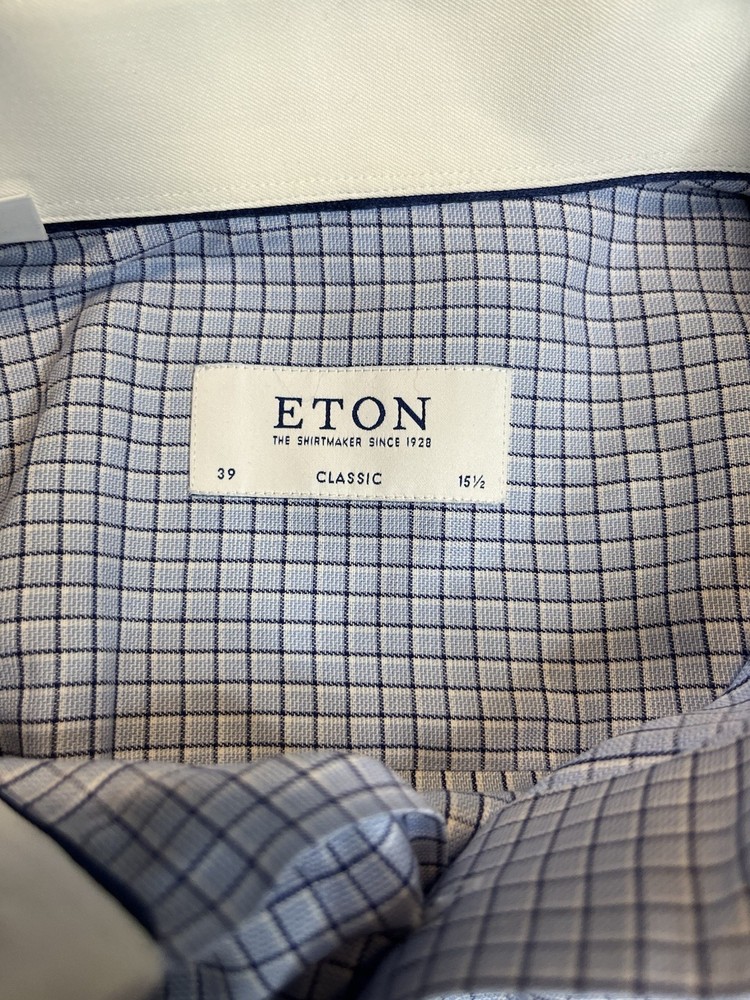 Eton Classic Men’s Contrast Collar Sz 39 15 1/2 Blue Check White Collar Cotton