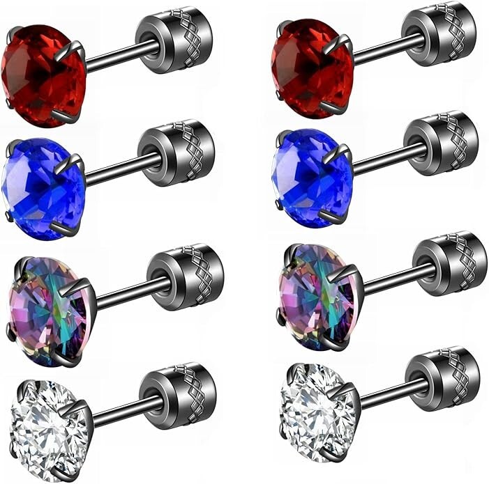 *NEW*-Hopply 4 Pairs Titanium Screw Back Stainless Steel Earrings, Colorful