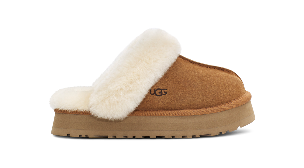 Women's Shoes UGG DISQUETTE Platform Sheepskin & Suede Slippers 1122550 CHESTNUT