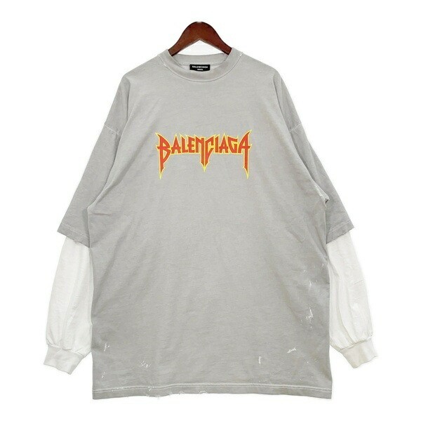 Balenciaga 22SS Metal Double Sleeve T Logo Long T-Shirt Men Used Gray