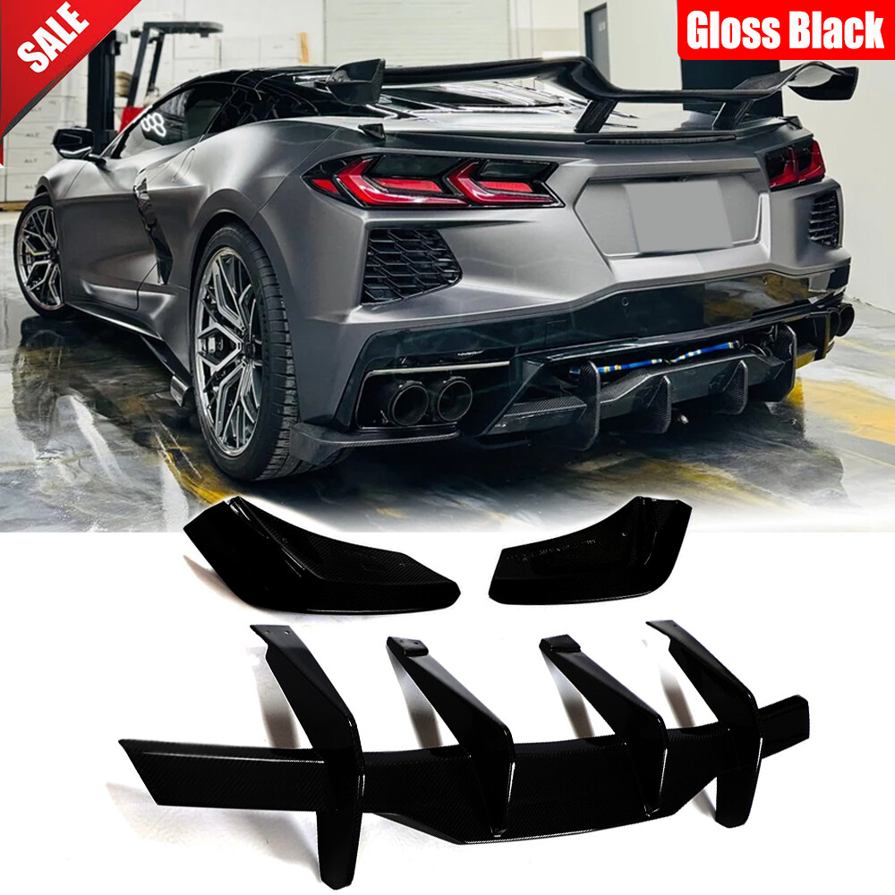 For Corvette C8 2020-24 Gloss Black Rear Bumper Diffuser Lip & Corner Splitters