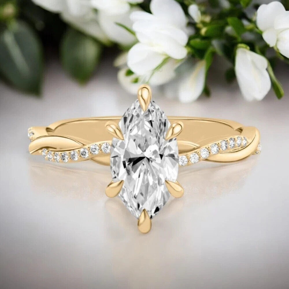 14k Yellow Gold Plated 2Ct Marquise cut Natural Moissanite Diamond Wedding Ring