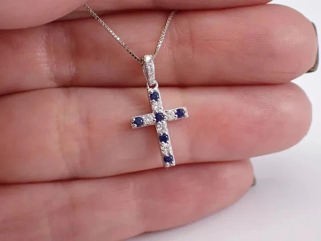 2.20Ct Round Cut Simulated Blue Sapphire Cross Pendant In 14K White Gold Plated