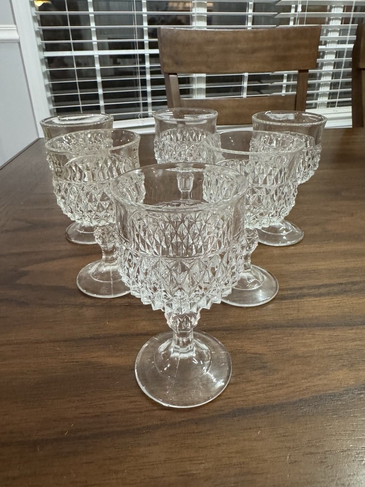 Set Of 6 Vintage Indiana Glass Diamond Point Wine Water Goblets Clear 5 1/4