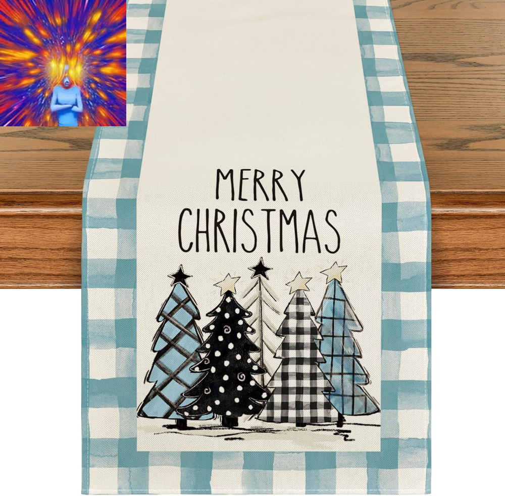 Bule Watercolor Buffalo Plaid Christmas Trees Merry Xmas Table Runner, Seasonal
