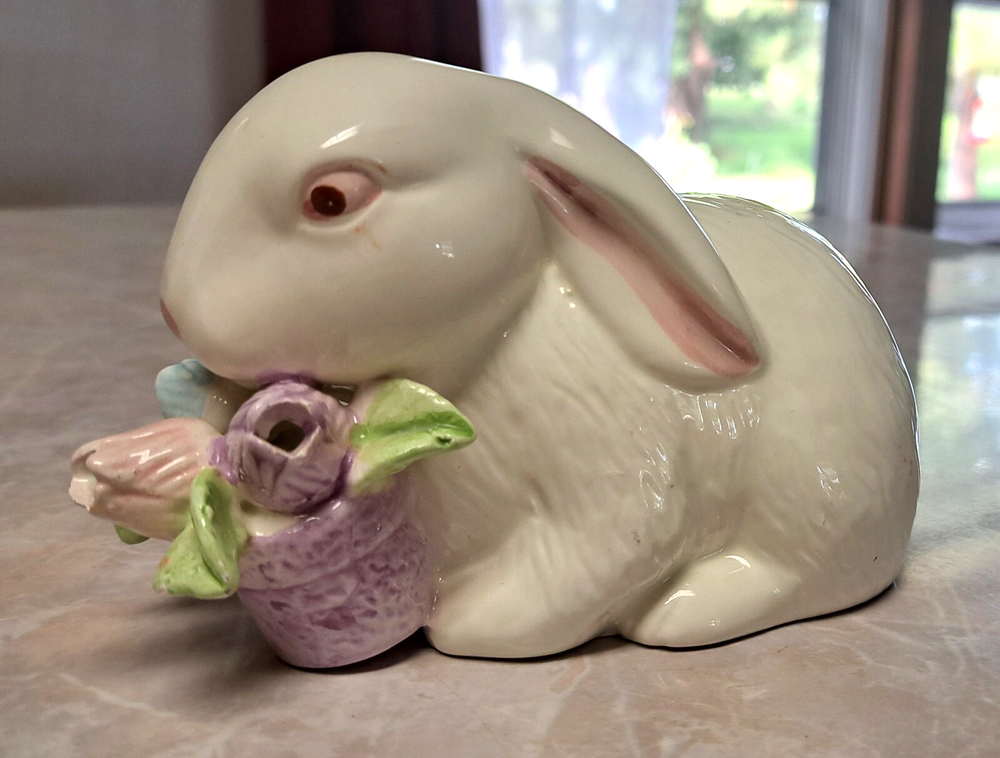 Vtg K's Collection White Rabbit Figurine Easter Bunny Tulips Ceramic 3.5