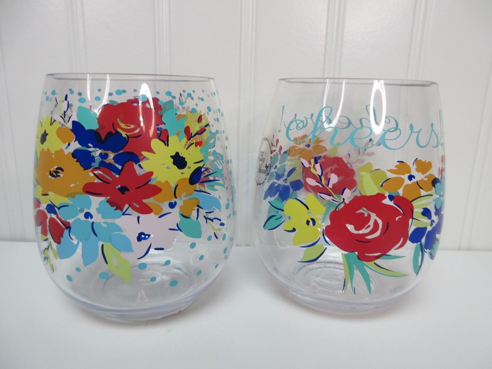 Pioneer Woman Stemless Wine Glass Acrylic Floral Birthday Party Cheers *U Pick