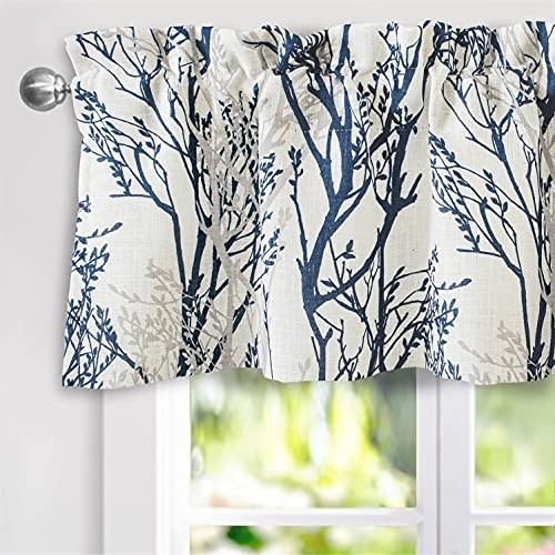Tree Branch Linen Valance 52x14 Inch Double Layer Blue Window Curtain
