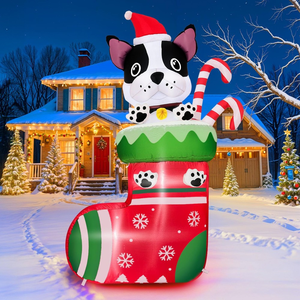 6FT Christmas Inflatables Dog in Stocking, Christmas Blow Up Yard Decorations