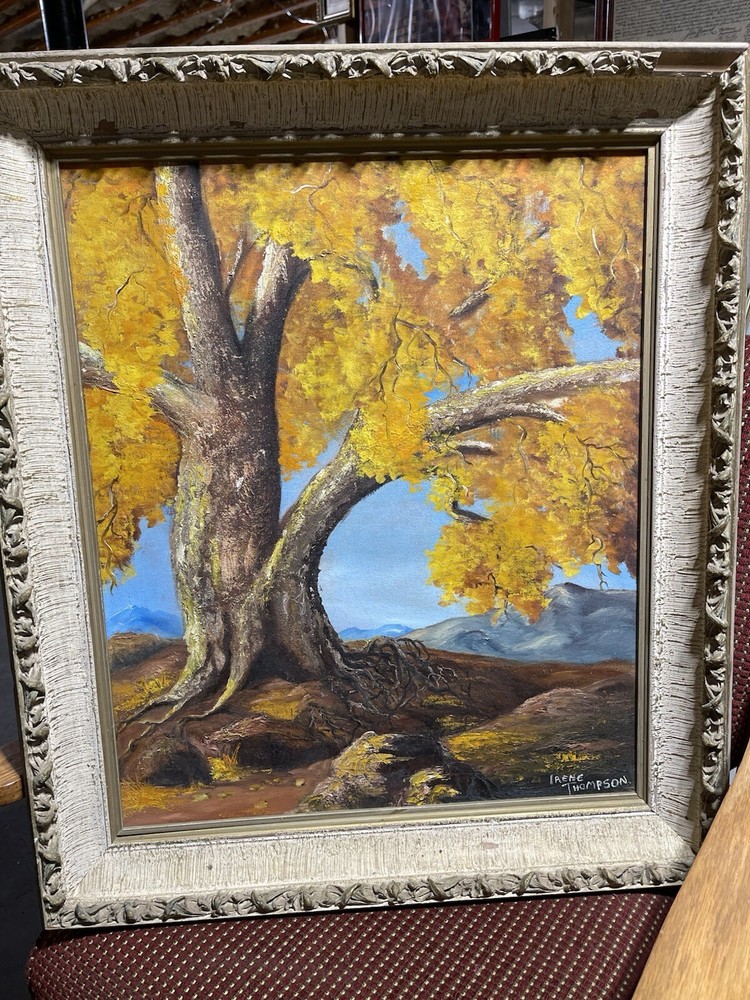 ANTIQUE PAINTING OIL ON CANVAS IRENE THOMPSON NATURE MOUNTAINS OAK TREE SCENE