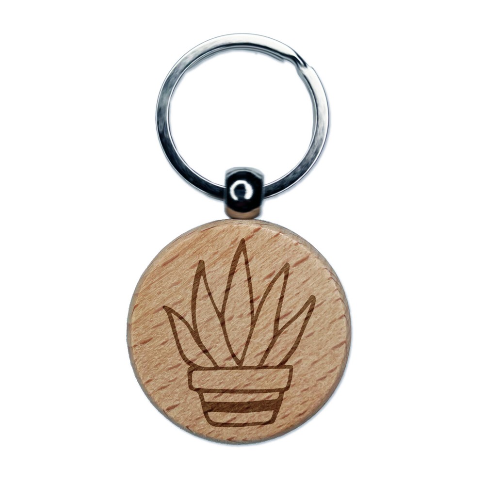 Hand Drawn Cactus Succulent Doodle Engraved Wood Round Keychain Tag Charm