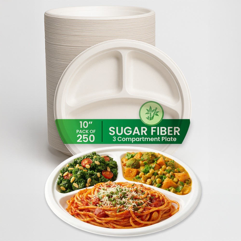 3 Compartment Disposable Paper Plates 10” Heavy Duty Dinner Plates Bulk 125/250