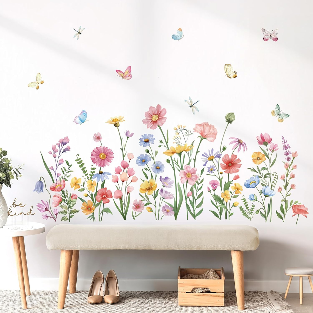 Pink Wildflower Wall Stickers Garden Flower Daisy Butterflies Floral Botanical W
