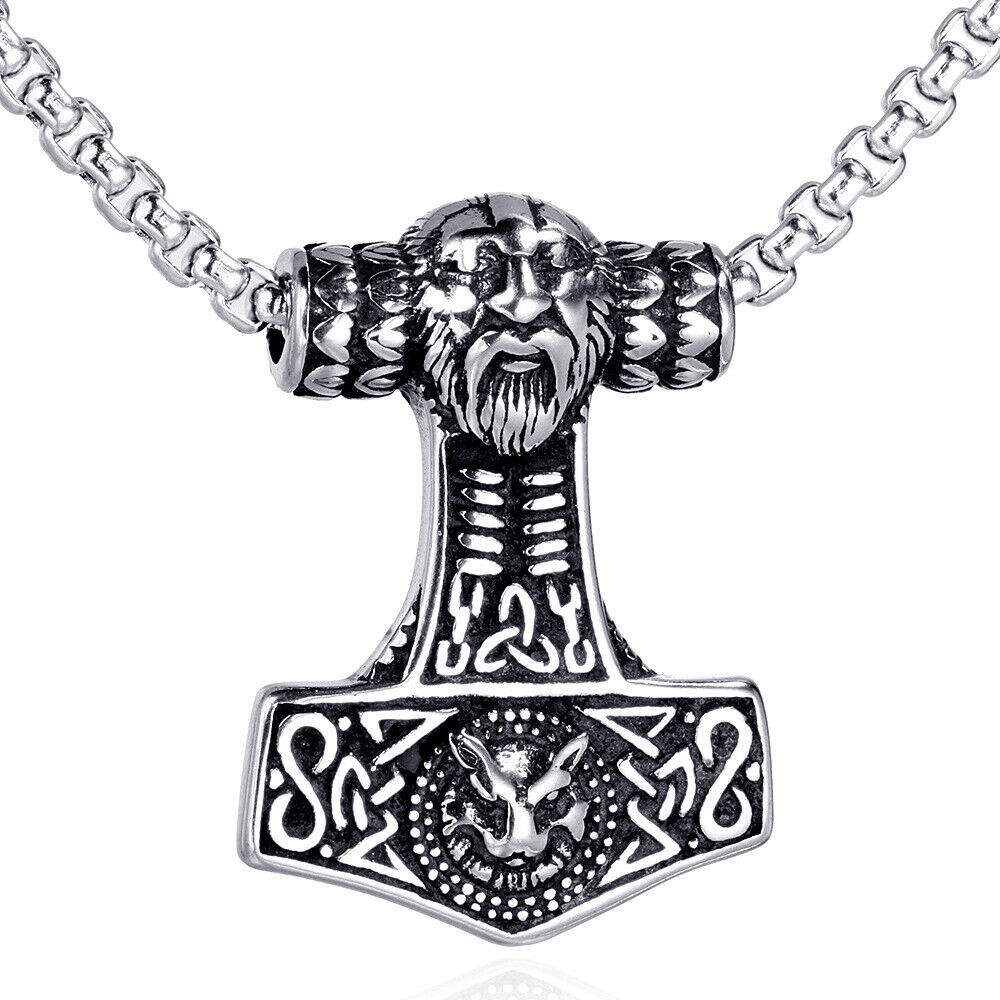 Mens Viking Odin Fenrir Thors Hammer Pendant Necklace Stainless Steel Box Chain