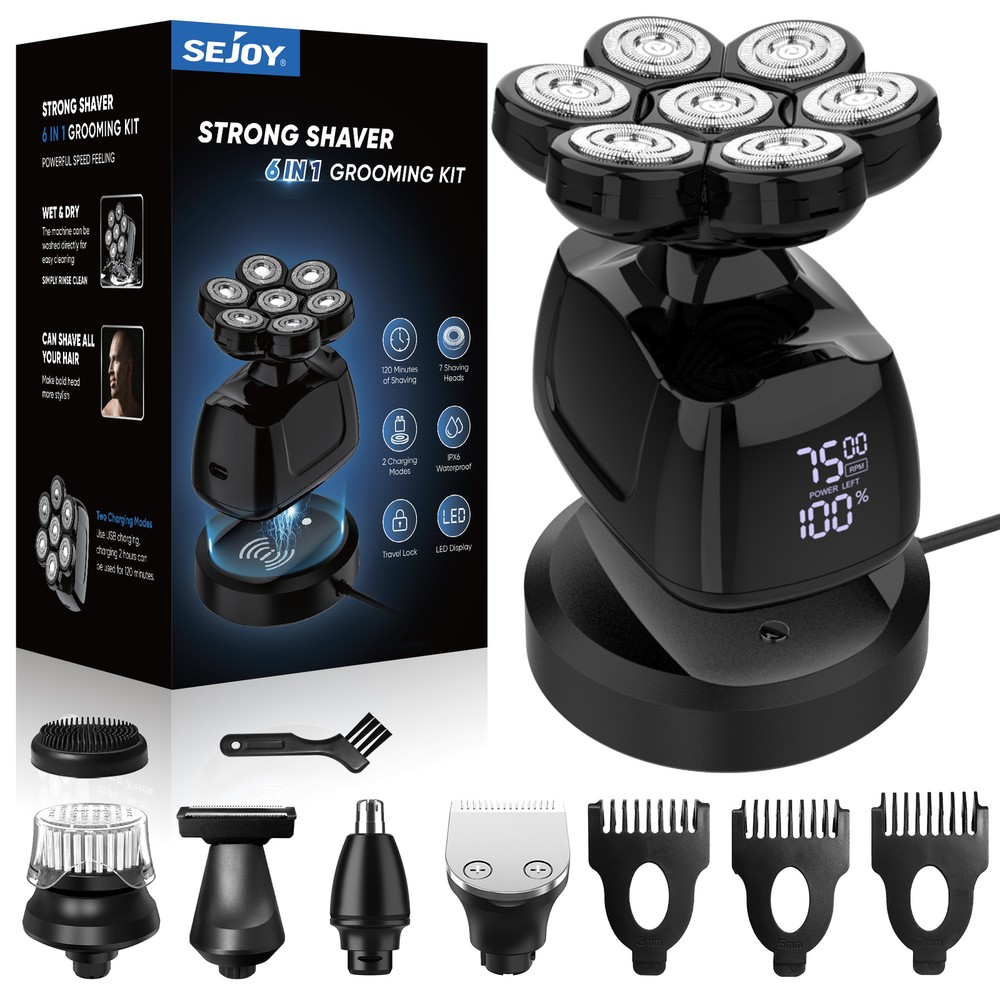 6-in-1 Electric Skull Shaver for Head & Face Wet Dry Hair Trimmer Grooming Kit