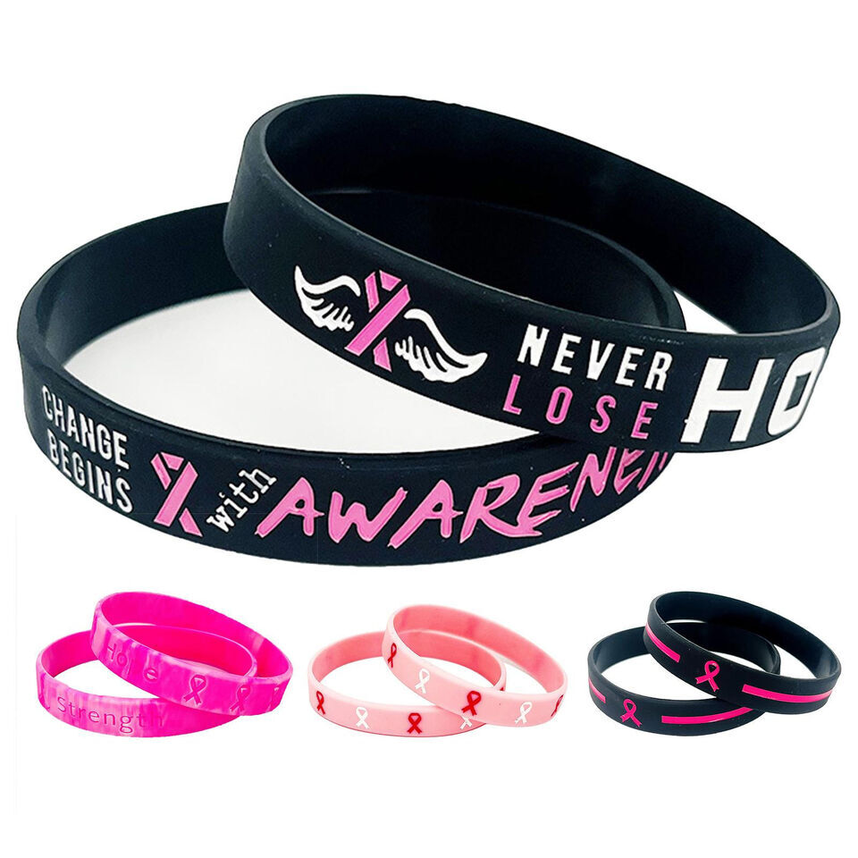 10 Pack Breast Cancer Awareness Silicone Bracelets Survival Charms Wristbands