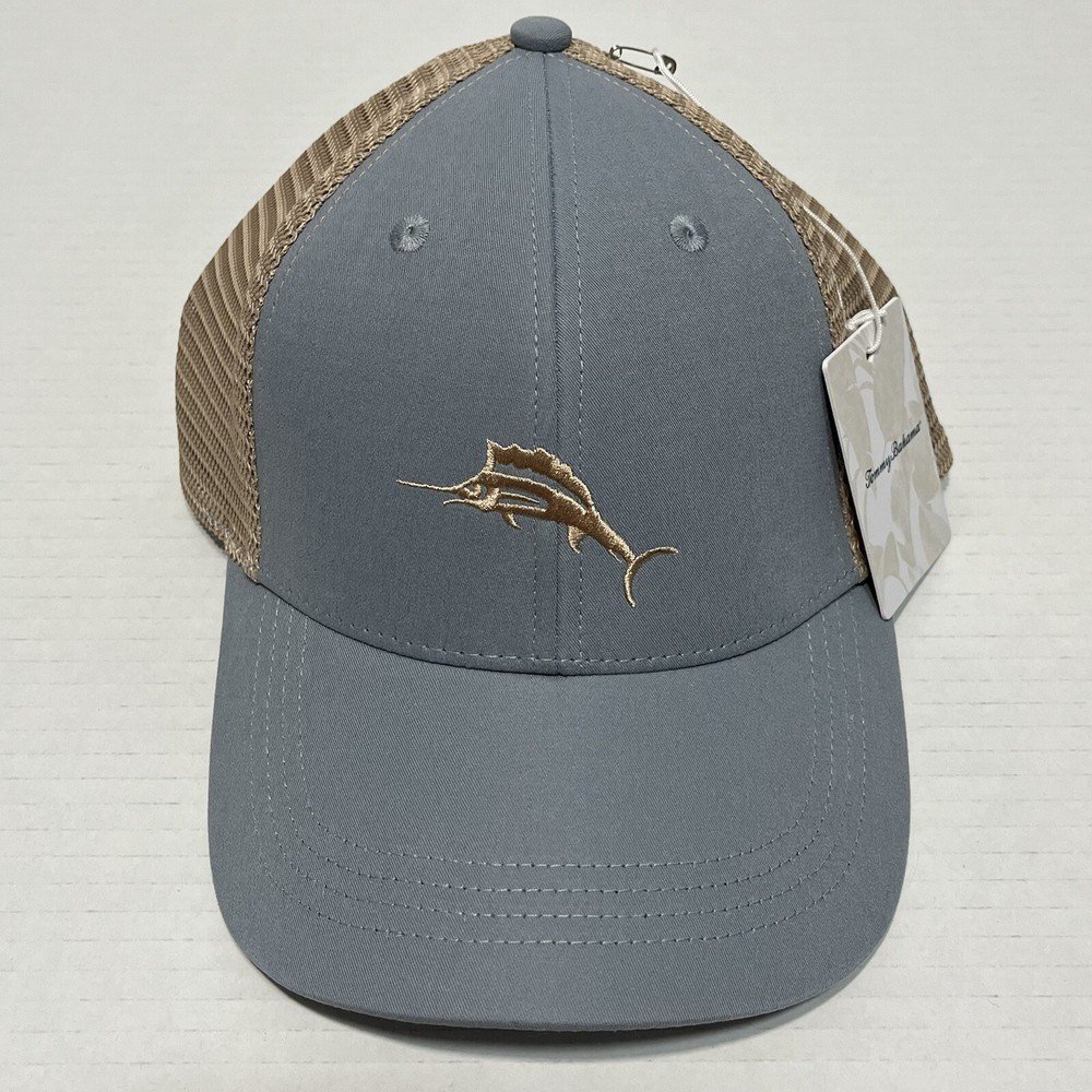 Tommy Bahama Embroidered Marlin Logo Men’s Trucker Hat Steel Blue & Tan NWT