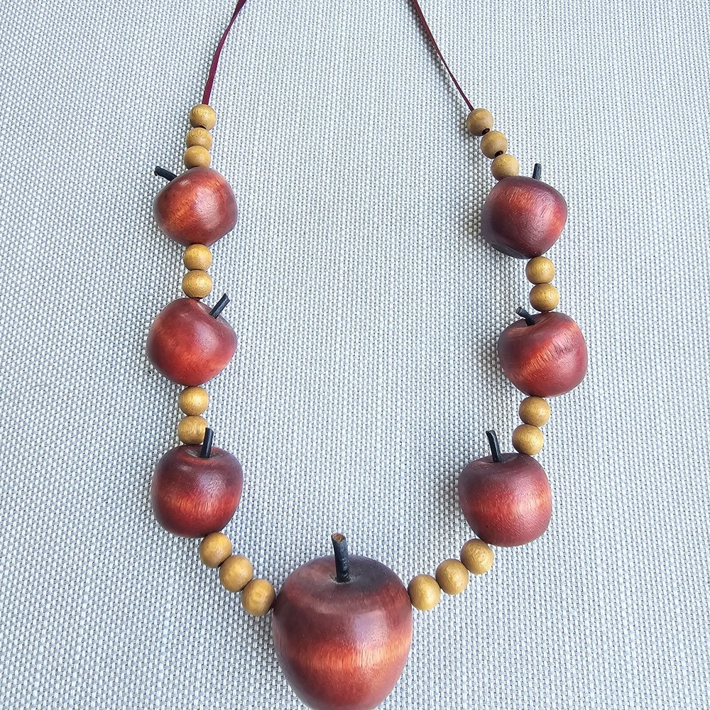 Vtg Back to School Gift Teacher Educator Wooden Beaded Necklace Apple, School.-image