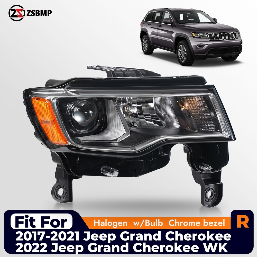 For 2017-2022 Jeep Grand Cherokee Halogen Headlight Black W/bulb Passenger Right