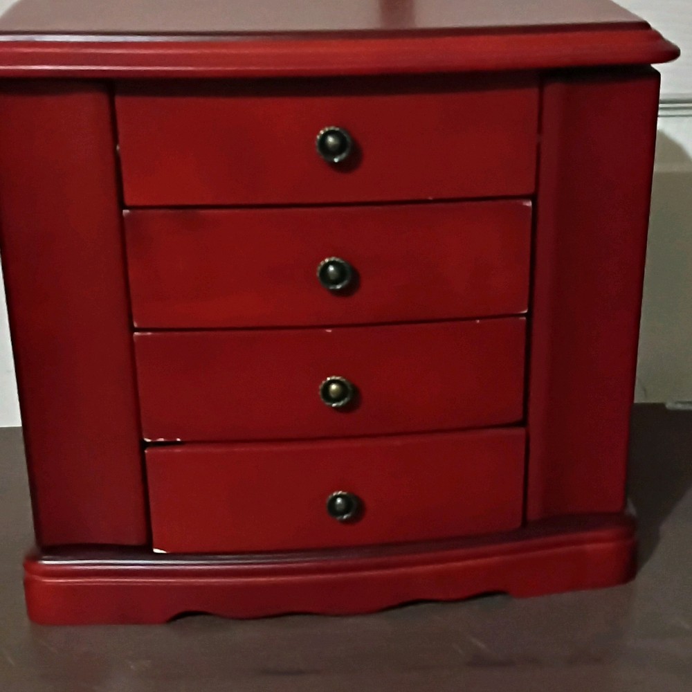 Mele & Co. Red Wooden Musical Jewelry Box with Mirror, Drawers, Velvet Lining
