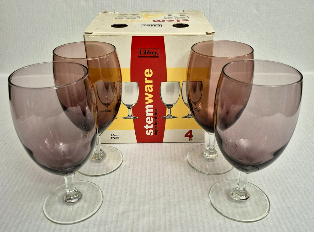 Set 4 Libbey Napa Iced Tea Goblet Amethyst Glass, Clear Hexagon Stem
