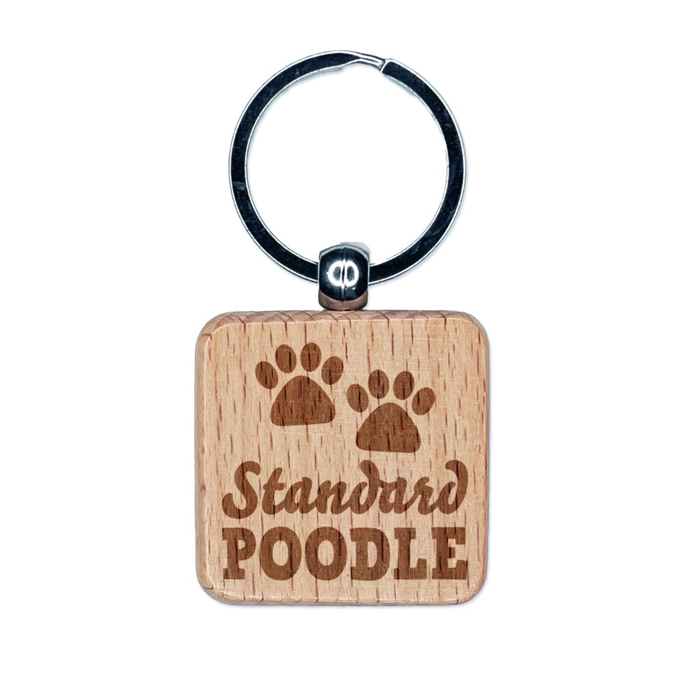 Standard Poodle Dog Paw Prints Fun Text Engraved Wood Square Keychain Tag Charm