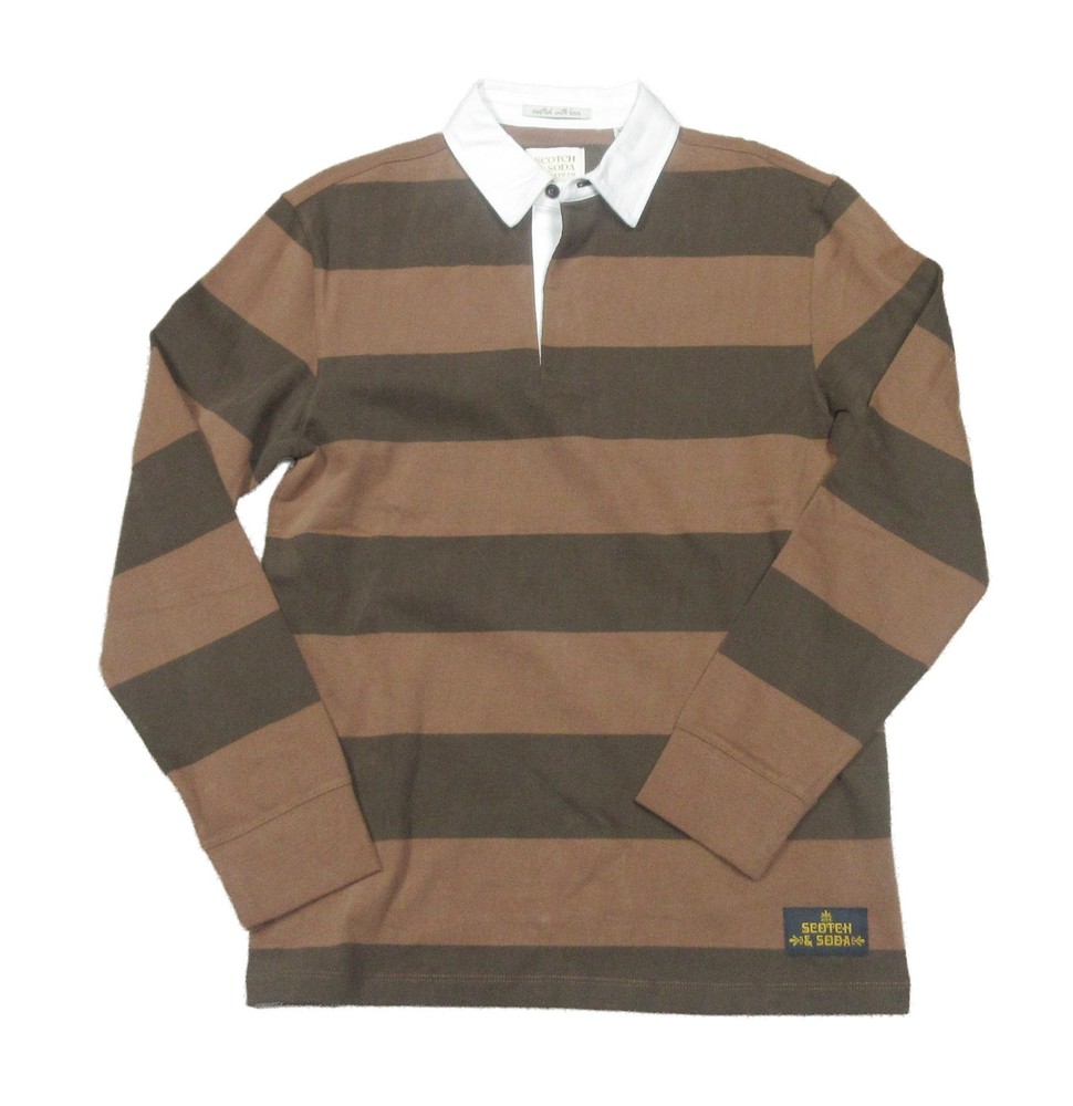 Scotch & Soda Men's Brown Stripe Soft Cotton Classic Fit Rugby Polo Shirt S