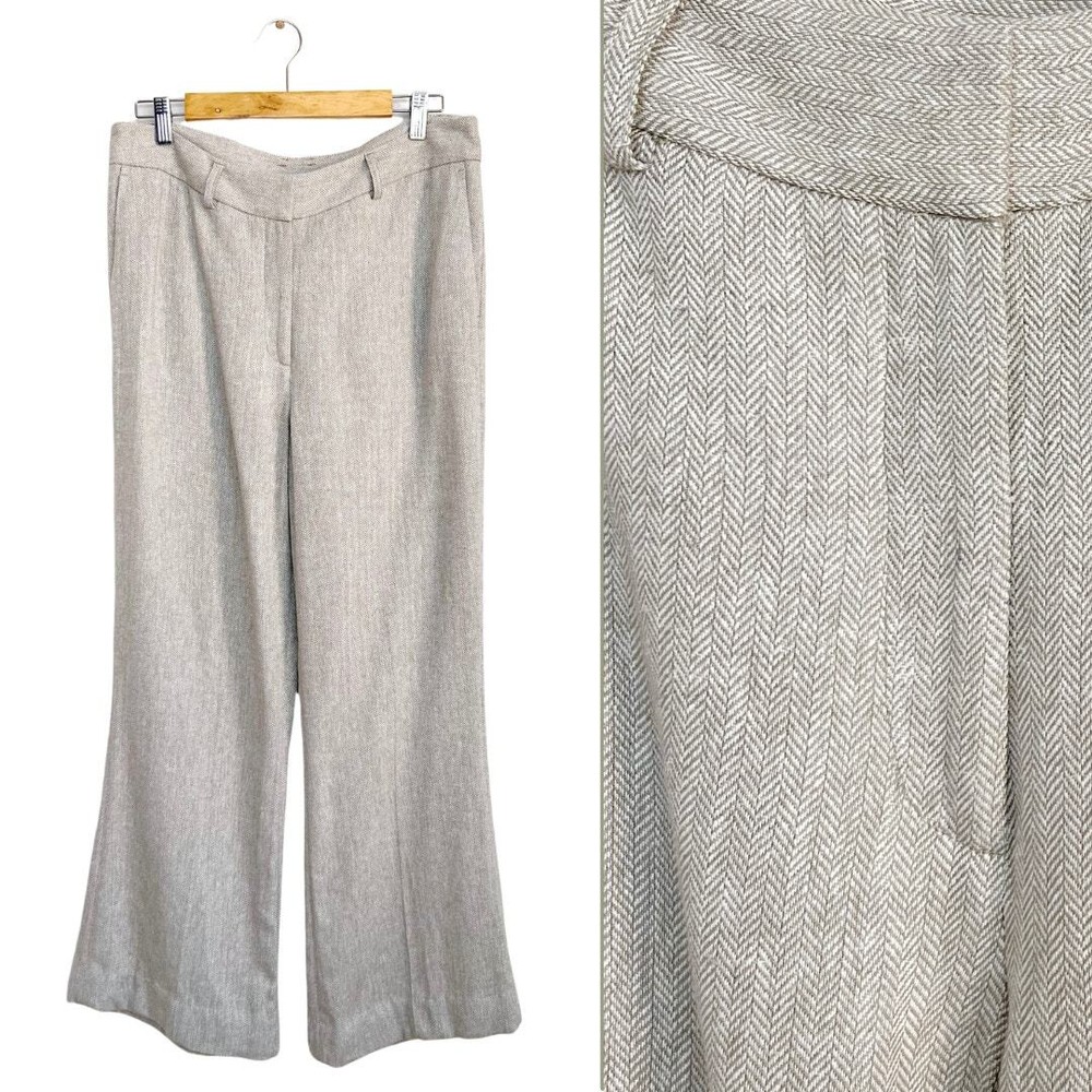 DKNY Linen Herringbone Light Heather Grey Wide Leg High Waist Trousers Pants 12