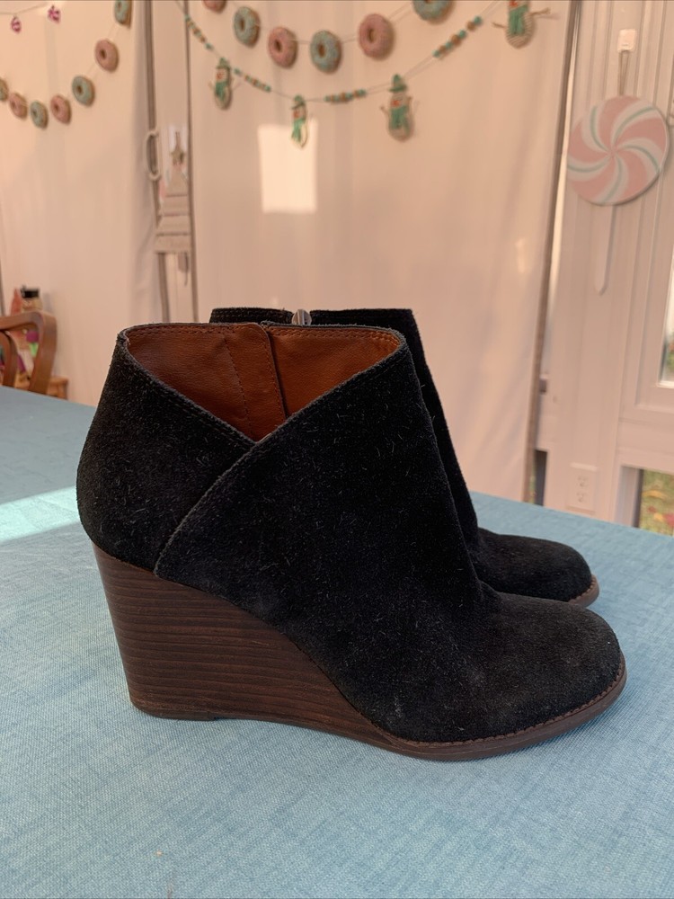 Lucky Brand Women's Yakeena Suede Bootie Boho Preppy Black Size 8.5 Wedge Heel