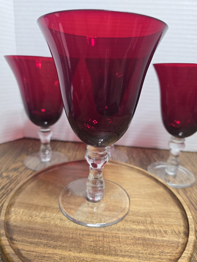 Set Of 4 Vintage Home Essentials Ruby Red Blown Glass Water Goblets 7.5 Tall