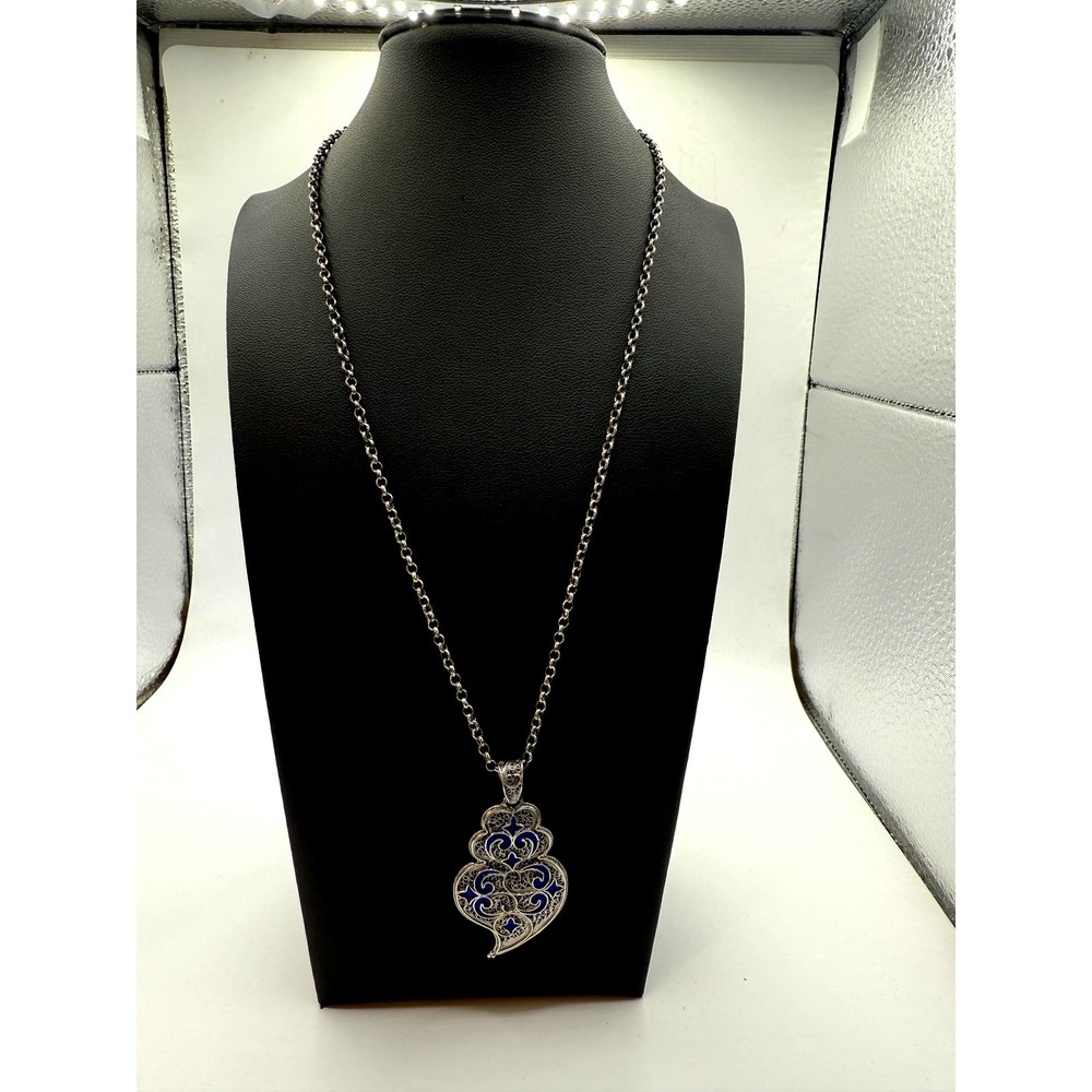 Portuguese Heart of Viana Silver and Enamel Filigree Pendant Necklace
