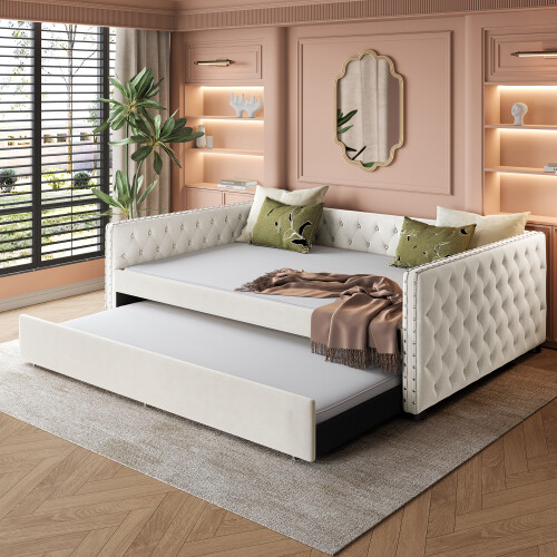 Full Size Upholstered Daybed with Trundle Sofa Platform Bed Frame  